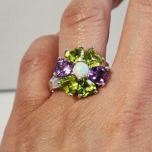 NIB 925 Semi-VTG Natural Peridot & Amethyst & Ethiopian Opal center Ring Size 9